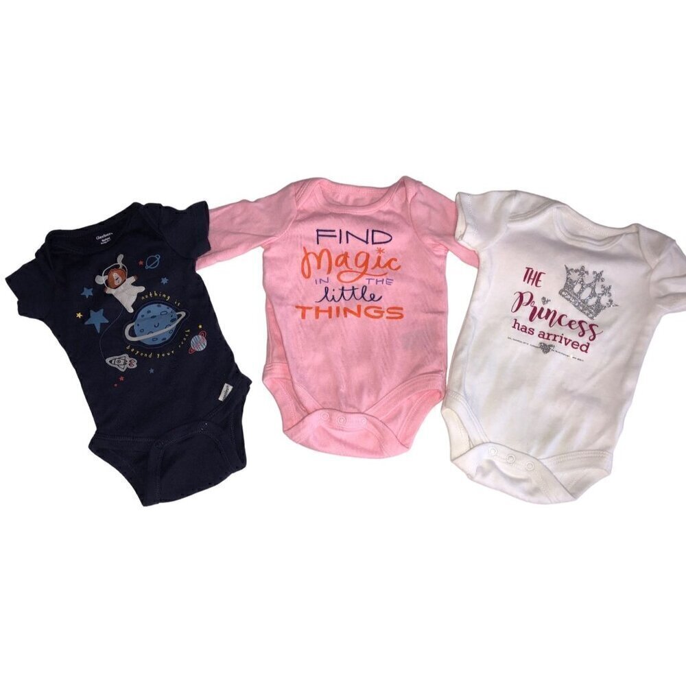 Baby One Piece Lot of 3 Newborn 0-3M Princess Space Pink White Blue Sparkle